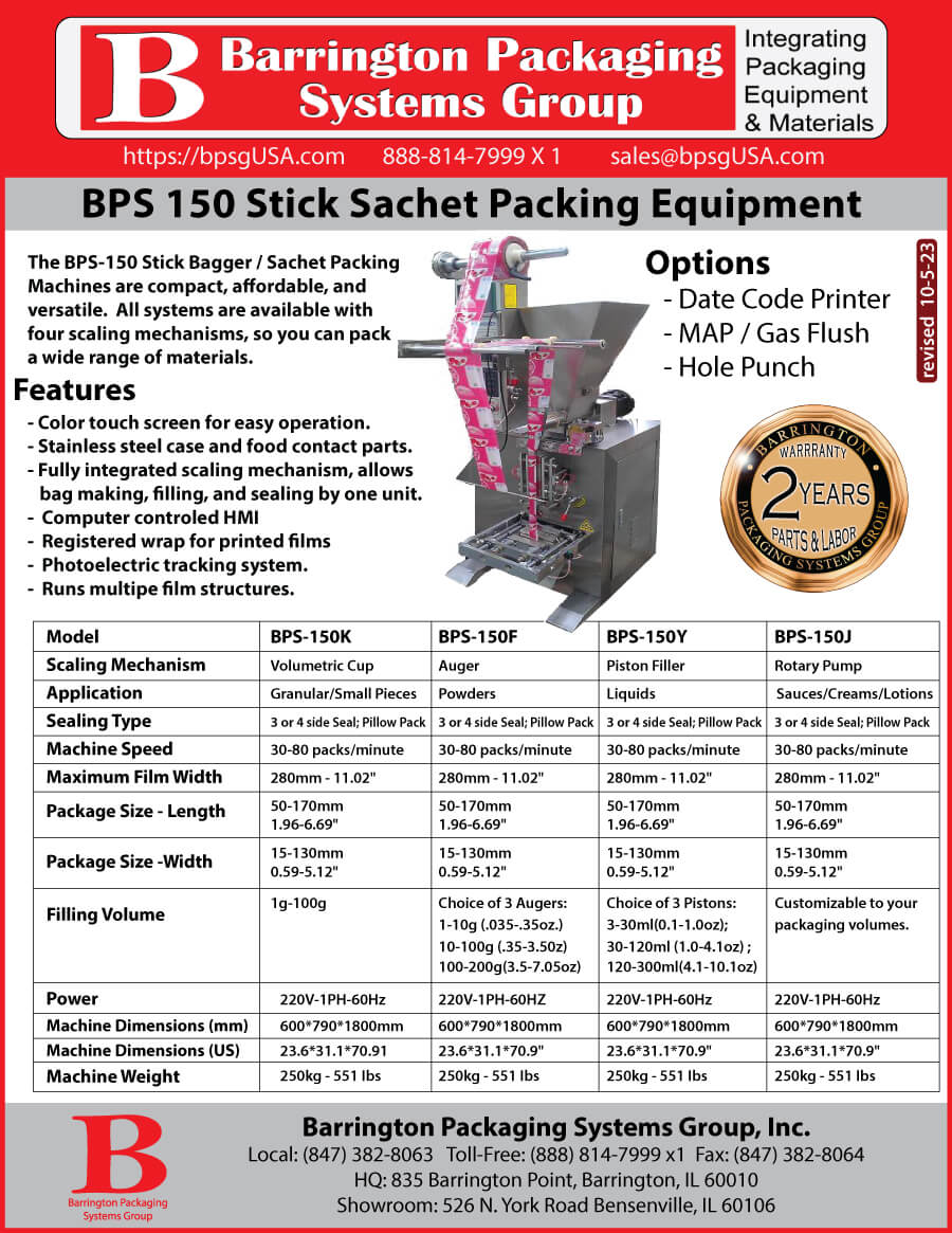 Barrington Packaging offers affordable, high-quality solutions for all of your packaging equipment needs. BPS 150 Stick Sachet Packing Equipment