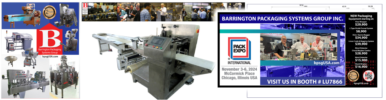 Be our guest! Let us pay your entry fee so you can enjoy the show.At Barrington Packaging we have the equipment you need, at a price you can afford. We invite you to experience Pack Expo 2024 for FREE on us! 